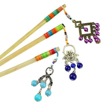 Handmade Thread Wrapped Sheep Horn Hair Stick with Tassel
